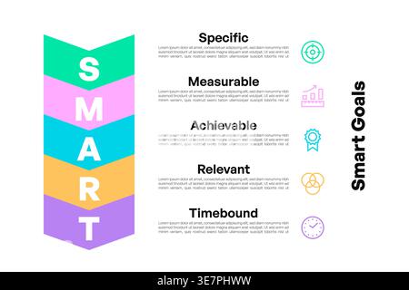 SMART Goals Infographic with Chevron Design and Bold Vertical Lettering for Specific, Measurable, Achievable, Relevant, and Timebound Vector Illustrat Stock Vector