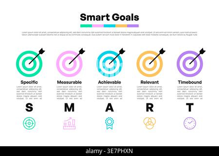 Name: SMART Goals Target Infographic with Five Sections, Arrows, and Target Icons Vector Illustration Stock Vector