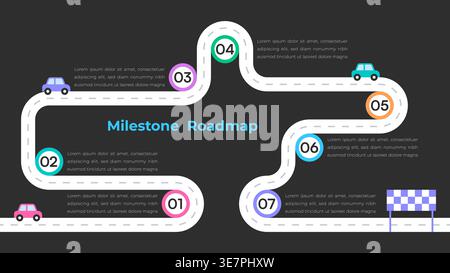 Milestone Roadmap with Colorful Circular Markers and Cars on Dark Background Vector Illustration Stock Vector