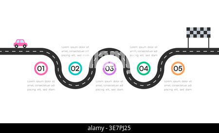 Winding Road Timeline with Bright Markers and Cars on White Background Vector Illustration Stock Vector
