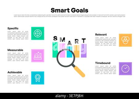 SMART Goals Infographic with Magnifying Glass and Bar Graph Elements Vector Illustration Stock Vector