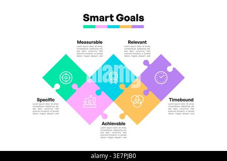 SMART Goals Puzzle Infographic with Five Sections for Business Planning Vector Illustration Stock Vector
