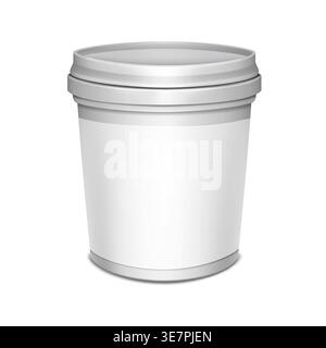 White blank plastic bucket with lid and empty label vector mock-up. Pail round container packaging realistic mockup. Template for design Stock Vector