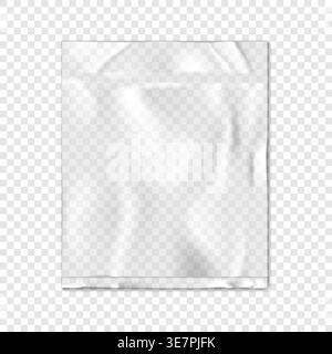 Vacuum sealed clear vinyl pouch on transparent background vector mock-up. Blank empty square flat plastic bag package mockup Stock Vector