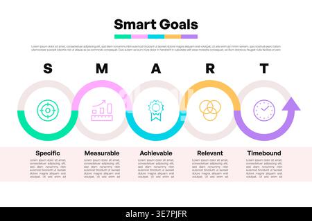 SMART Goals Infographic with Colorful Arrows and Icons for Project Management Vector Illustration Stock Vector