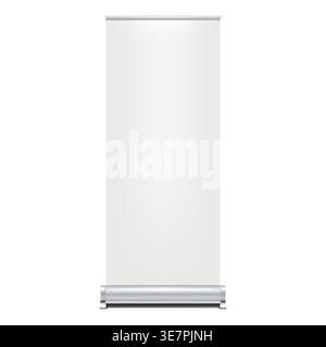 Blank vertical roll-up banner stand vector mockup. Pull-up roller portable signage mock-up. White pop-up advertising display template Stock Vector