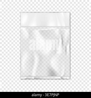 Top sealed clear vinyl pouch with white blank paper insert on transparent background vector mock-up. Empty square flat plastic bag package mockup for Stock Vector