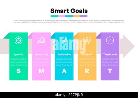 SMART Goals Infographic with Colorful Arrows and Icons for Project Management Stock Vector