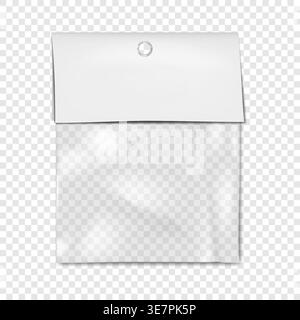 Empty square clear plastic pouch bag with white blank paper top and hanging hole mock-up. Transparent nylon package vector mockup Stock Vector
