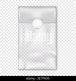 Clear vinyl pouch with white round seal sticker on transparent background vector mock-up. Blank empty fold top plastic bag packaging mockup Stock Vector