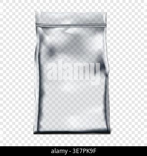 Clear resealable zipper vinyl pouch on transparent background vector mockup. Blank empty plastic bag with zip lock realistic mock-up Stock Vector