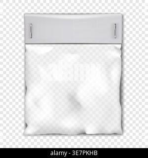 Empty square clear plastic pouch bag with white blank paper top mock-up. Transparent nylon package vector mockup Stock Vector