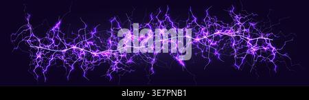 Realistic Magenta Lightning Bolt on Dark Background. Isolated Light Flare Electric Energy Power Line. Thunderbolt Flash Strike, Shock Spark Stock Vector