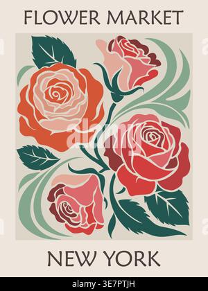 Flower Market New York retro poster with roses  Stock Vector