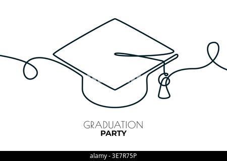 Continuous line vector illustration of graduation cap. Line art element for education, university, diploma and academic ceremony. Grade party banner, Stock Vector
