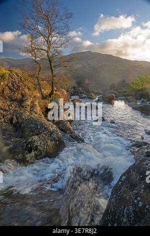 Energetic stream flows through rocky terrain, mountains in distance, clear blue sky and tranquil scenery. Stock Photo
