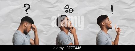 Brainstorming. Black man thinking about problem solution, panorama collage of facial expressions Stock Photo