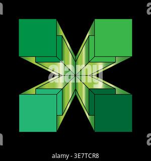 Isometric green X-cross. 3D geometric symbol. Abstract block shape. Emerald gradient element. Stock Vector