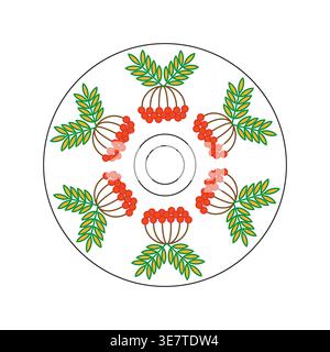 Compact disc decoration. Rowan berry Vector ornament. Circular autumn pattern. Media storage symbol. Stock Vector