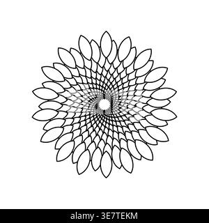 Repeated petal pattern. Abstract leaf spiral. Outline black Vector. Optical geometric illusion. Stock Vector
