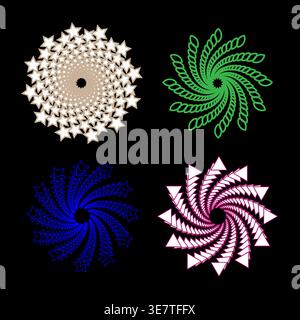 Abstract spiral shapes. Star triangle rope Vector. Colorful rotating elements. Dark black background. Stock Vector