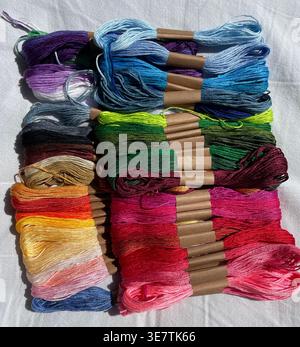 Close-up of vibrant multicolored embroidery floss skeins arranged in neat rows, showing a rich spectrum of bright colors. Stock Photo