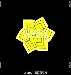 Abstract star flower. Yellow rotating vector shape. Dark black background. Glowing geometric element. Stock Vector
