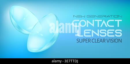 Contact lenses banner vector illustration, realistic transparent lenses on blue gradient background, eye care vision concept, optical product Stock Vector