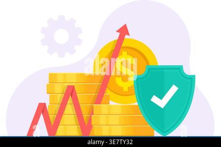 Vector illustration featuring an upward trend arrow, stacks of gold dollar coins, and a protective green safety shield. Stock Vector
