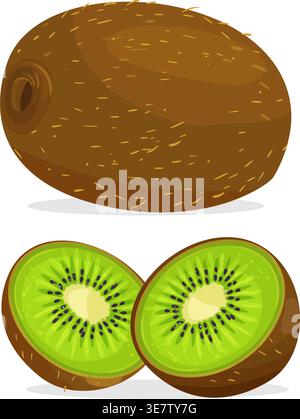 High quality vector graphic featuring a whole fuzzy kiwi and two vibrant green slices with seeds. Stock illustration. Stock Vector