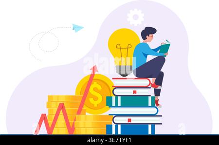A creative concept of an educated man sitting on books near stacks of money and a lightbulb for financial growth. Stock Vector