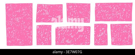 Crayon pink freehand scribble texture set text boxes, cute chalk frames. Borders in sketch style. Childlike grunge rectangles. . Vector illustration Stock Vector