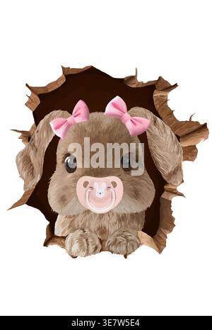 A cute brown rabbit with its ears pulled up with a pink hair clip, and a pink pacifier in its mouth is peeking out from a crack in a white wall. Stock Vector
