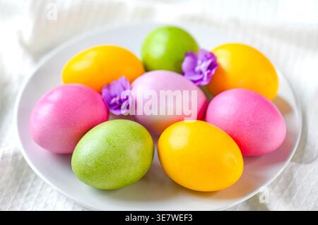 Homemade colored Easter eggs on a white plate with flowers, top view Stock Photo