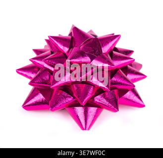Bright magenta metallic gift ribbon bow isolated on white. Pink gift bow Stock Photo