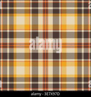 Warm autumn plaid pattern in shades of brown, orange, and yellow. This pixelated tartan design offers a rustic aesthetic, perfect for seasonal textile Stock Vector