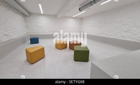 TALLINN, ESTONIA - MARCH 12, 2026: Seating area with colorful cubes Stock Photo