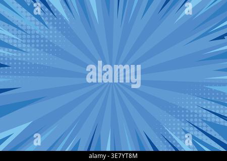Blue comic sunburst exlosion background. Pop art speed line zoom effect backdrop.  Stock Vector