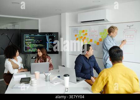 Group of developers working as team on new big project discussing programming code in office Stock Photo