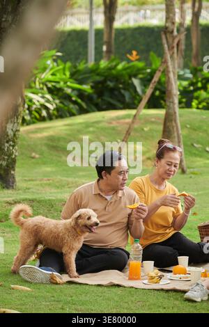 Serious Asian senior couple having conversation while eating sliced oranges sitting on blanket with dog in park during daytime Stock Photo