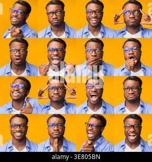 Thumbnail image of Black man in white shirt with different facial expression against yellow background in studio Stock Photo