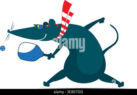 Pickleball sport. Funny rodent plays pickleball. Cartoon rat or mouse plays pickleball. White background Stock Vector