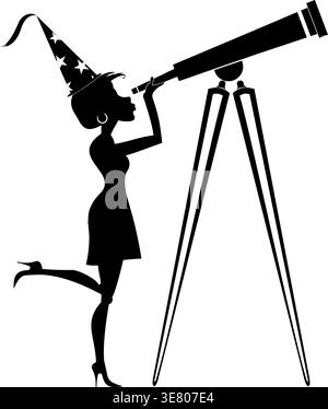 Astronomy scientist or stargazer woman.  Astronomy scientist or stargazer woman looking through a telescope. Fantasy wizard in tall hat. Black on whit Stock Vector