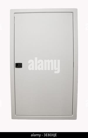 A simple, clean white door for an electrical fuse or breaker box, featuring a black handle, isolated on a plain white background. Ideal for home impro Stock Photo