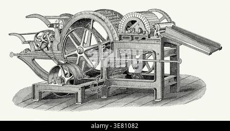 An old engraving showing a Victorian rope-making machine. It is from a mechanical engineering book of the 1880s. This piece of machinery gathered the twisted rope thread. The laid rope entered the machine right, to be gathered and ‘organised’ by the main drum, and the rope finishes up made into spools on the cylinders (left). Stock Photo