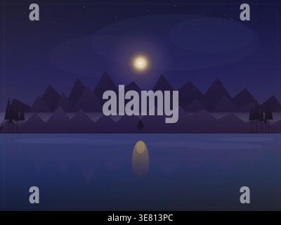 Full moon shines over dark calm lake Stock Vector