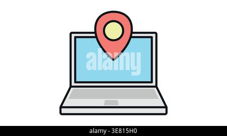 Digital location and local SEO icon: laptop computer with map pointer pin Stock Vector