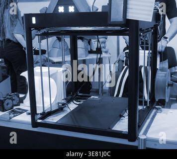 3D printer. 3D printer with blank work surface. Empty 3D printer. Modern new additive progressive technologies. 3D printing three-dimensional technology. Printing modeling manufacturing technology Stock Photo
