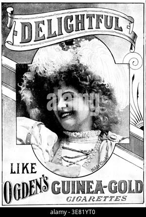 Advertisement for Ogden's Guinea-Gold Cigarettes, 1898. Portrait of Hilda Clark, American soprano, operetta actress, and model. 'Delightful - Like Ogden's Guinea-Gold Cigarettes'. From "Illustrated London News", 1898. Stock Photo