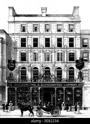 The Goldsmiths' and Silversmiths' Company's premises, 112, Regent Street, London, 1898. 'The success of its operations was instantaneous...the company are the possessors of the best-arranged and most fully equipped showrooms in London...Equipped with such accommodation and availing itself of the best art-workers, the company has been able to keep in the very front of the market...the company is famous for its collection of plate, and its skill in turning out race cups and trophies of every conceivable kind. There is scarcely a mess in the kingdom that does not possess some of the company's han Stock Photo